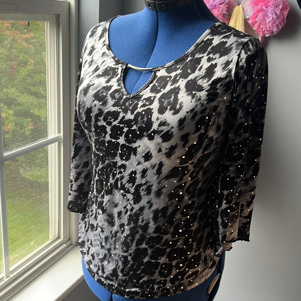 VINTAGE Brittany Black animal print sparkle stretch top